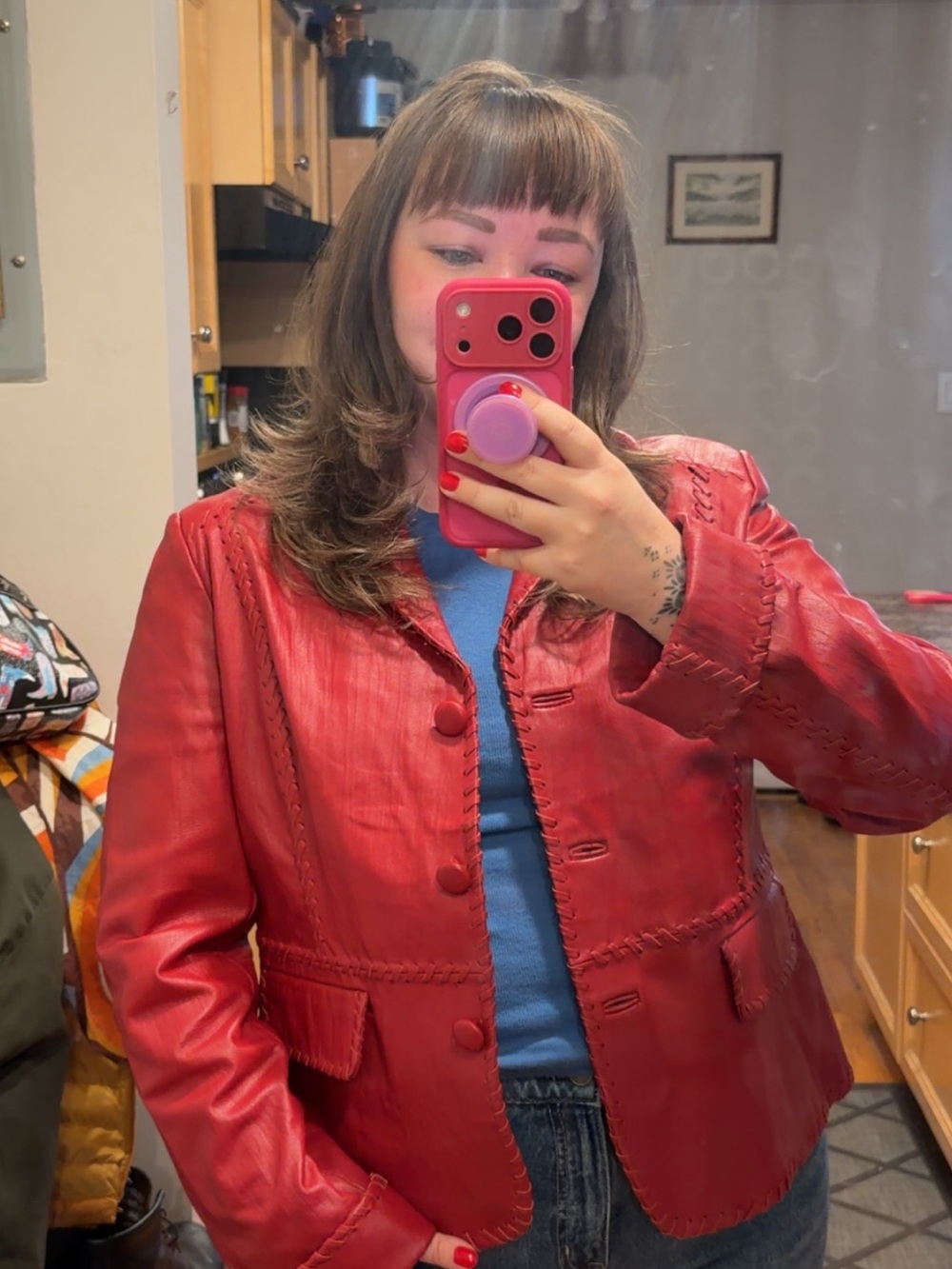 Women's vintage red  Leather Blazer